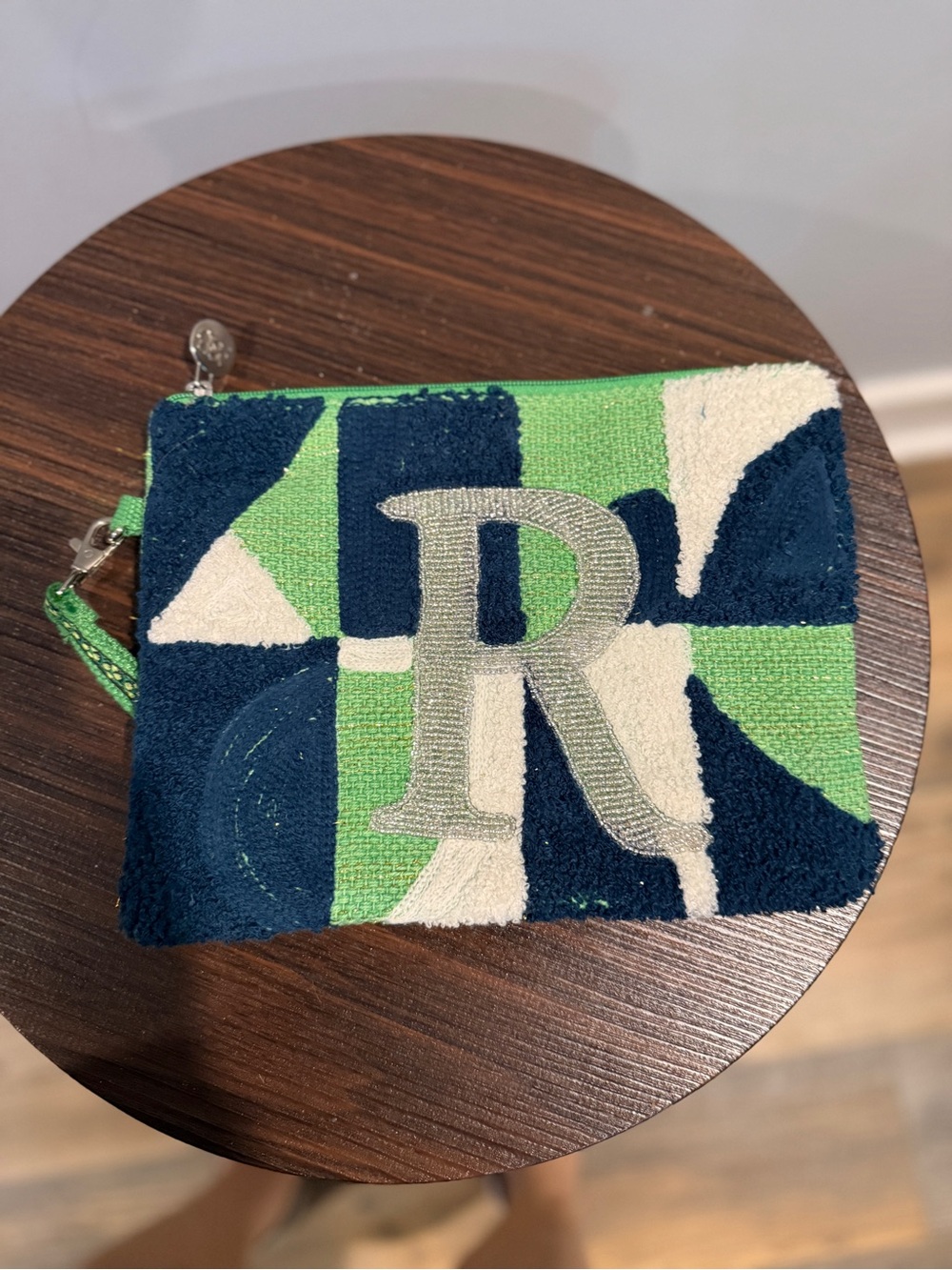 R Monogram Terry Wristlet Clutch in Green, Navy & Cream